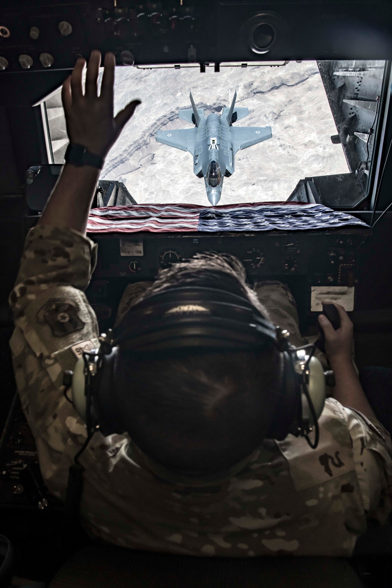 An Israeli Air Force F-35I Lightning II “Adir” approaches a U.S. Air Force 908th Expeditionary Refueling Squadron KC-10 Extender to refuel during “Enduring Lightning II” exercise over southern Israel Aug. 2, 2020. While forging a resolute partnership, the allies train to maintain a ready posture to deter against regional aggressors. (U.S. Air Force photo by Master Sgt. Patrick OReilly)
