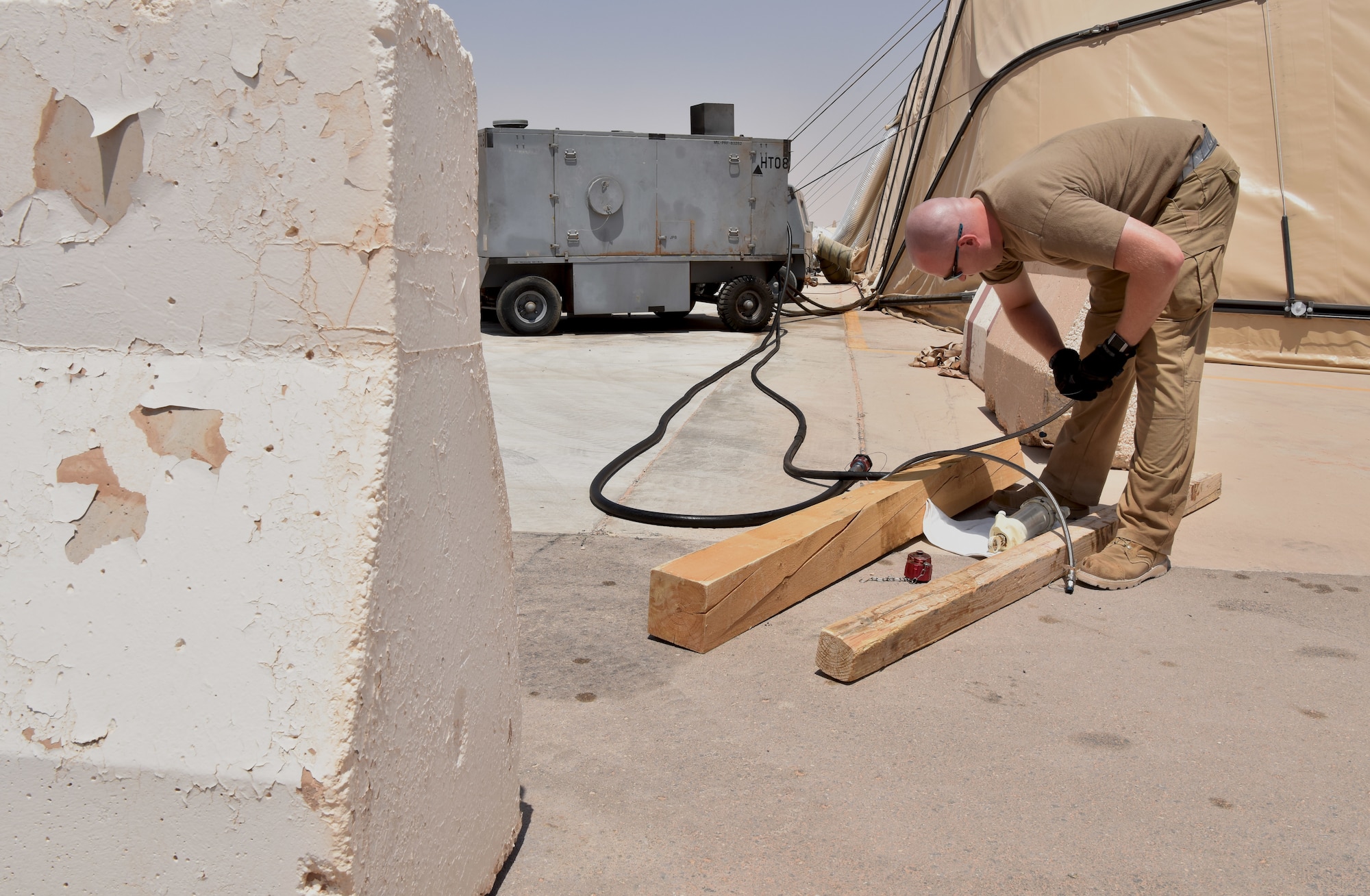 Airmen from the 378th Expeditionary Maintenance Squadron use innovation to test aircraft components at Prince Sultan Air Base, Kingdom of Saudi Arabia.