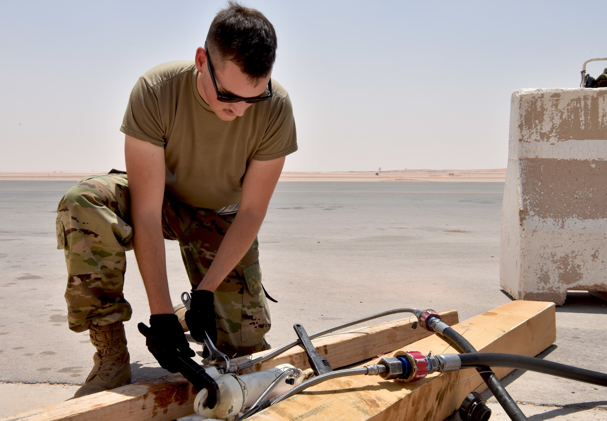 Airmen from the 378th Expeditionary Maintenance Squadron use innovation to test aircraft components at Prince Sultan Air Base, Kingdom of Saudi Arabia.