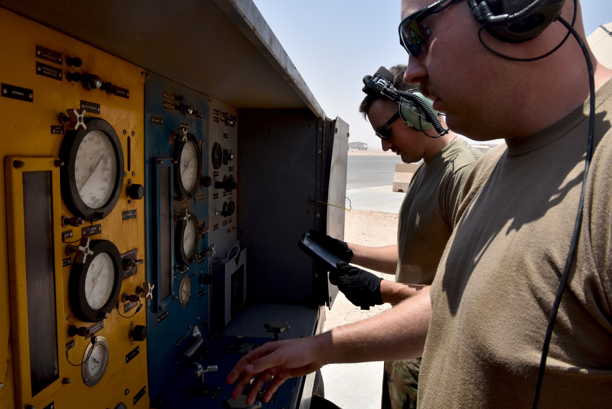 Airmen from the 378th Expeditionary Maintenance Squadron use innovation to test aircraft components at Prince Sultan Air Base, Kingdom of Saudi Arabia.