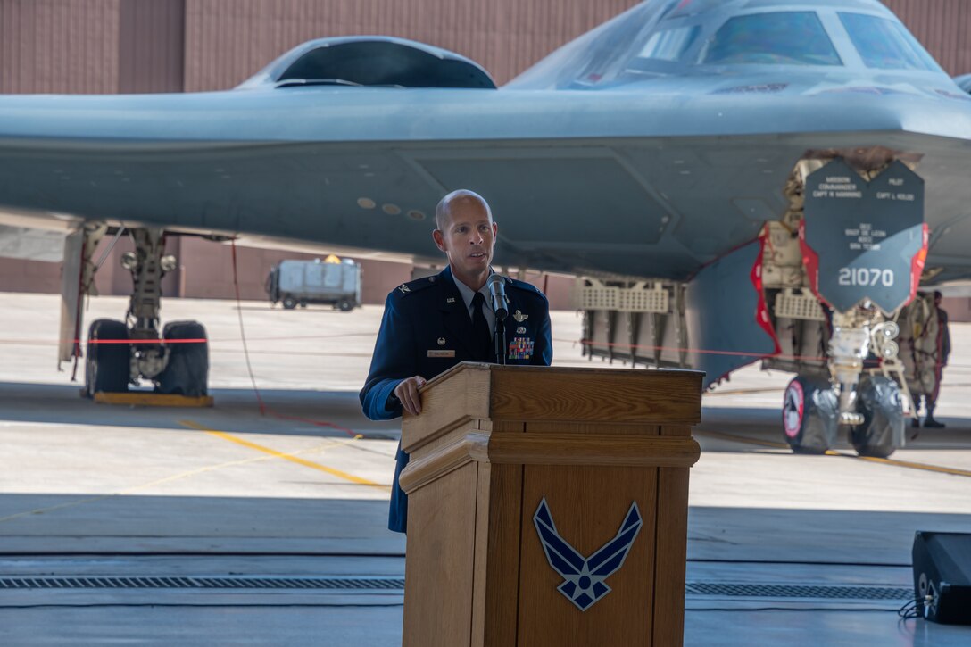 Col. Matthew D. Calhoun, 131st Bomb Wing commander, delivers remarks during an assumption of command ceremony, Aug. 1, 2020, at Whiteman AFB, Mo. Calhoun took command of the 131st Bomb Wing, the Air National Guard's only B-2 Spirit stealth bomber wing. (U.S. Air National Guard photo by Airman 1st Class Joseph Geldermann)