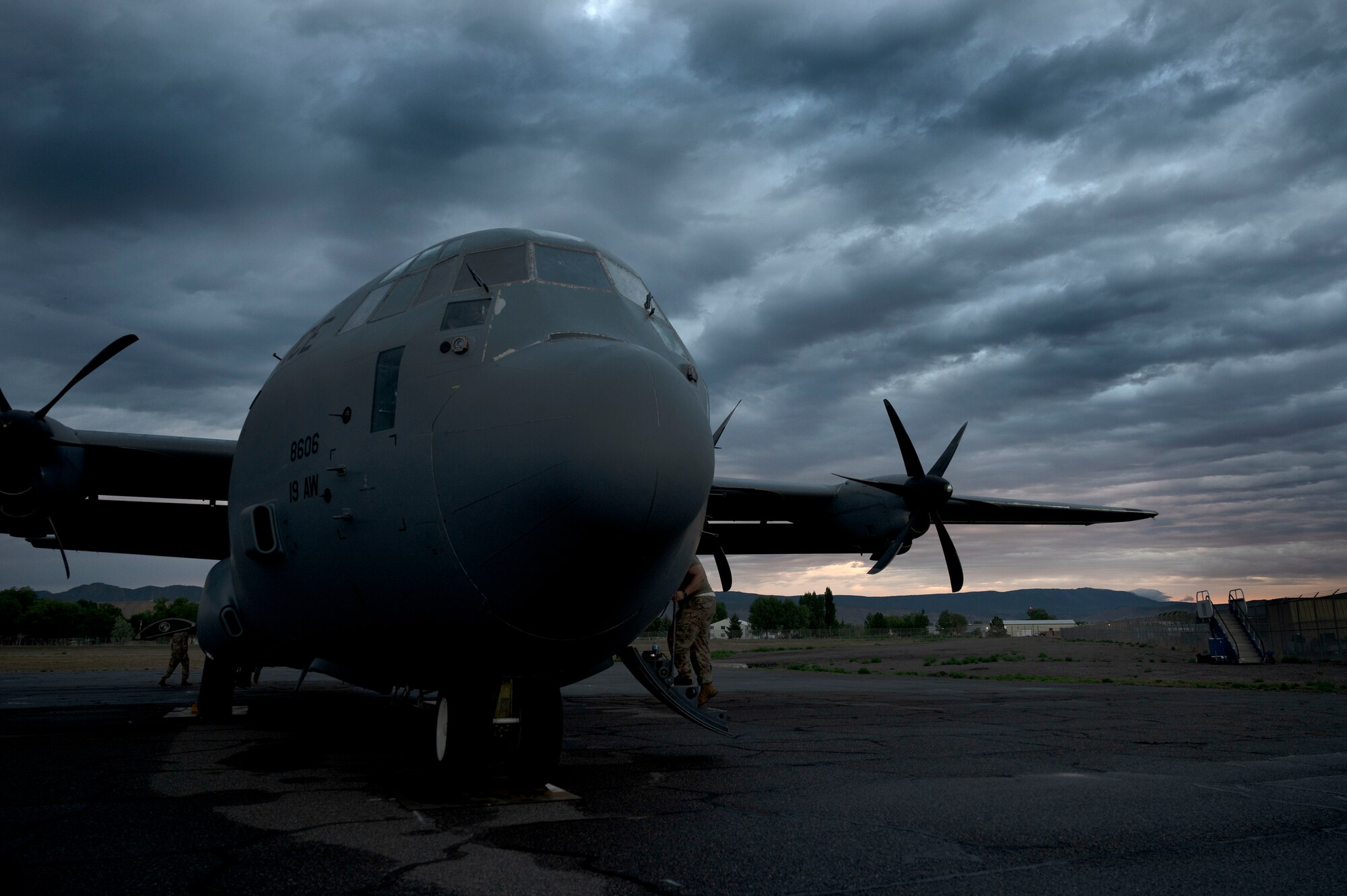 A C-130J Super Hercules assigned to the 19th Airlift Wing is parked on the flightline at Montrose Regional Airport, Colorado, July 28, 2020. Support squadrons in addition to the 41st Airlift Squadron trained in Colorado as a part of the 4/12 deployment initiative, which was developed in 2019 between airlift squadrons from Dyess Air Force Base, Texas and Little Rock AFB. The initiative allows for each squadron a full year of dwell time followed by a four-month rotation to their respective area of responsibility. (U.S. Air Force photo by Senior Airman Kristine M. Gruwell)
