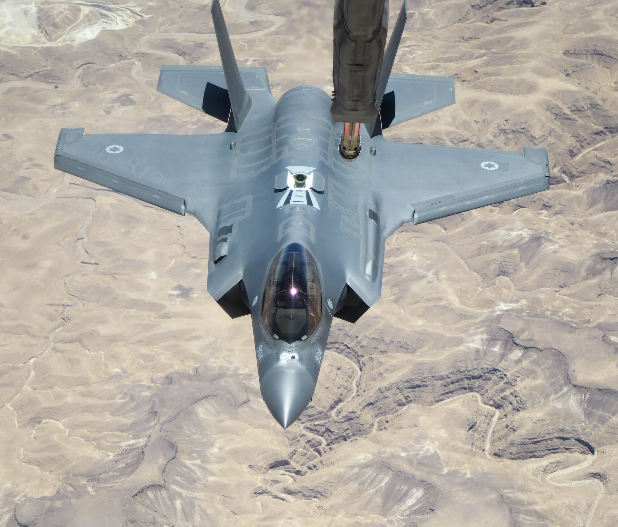 An Israeli Air Force F-35I Lightning II “Adir” approaches a U.S. Air Force 908th Expeditionary Refueling Squadron KC-10 Extender to refuel during “Enduring Lightning II” exercise over southern Israel Aug. 2, 2020. While forging a resolute partnership, the allies train to maintain a ready posture to deter against regional aggressors.  (U.S. Air Force photo by Tech. Sgt. Charles Taylor)