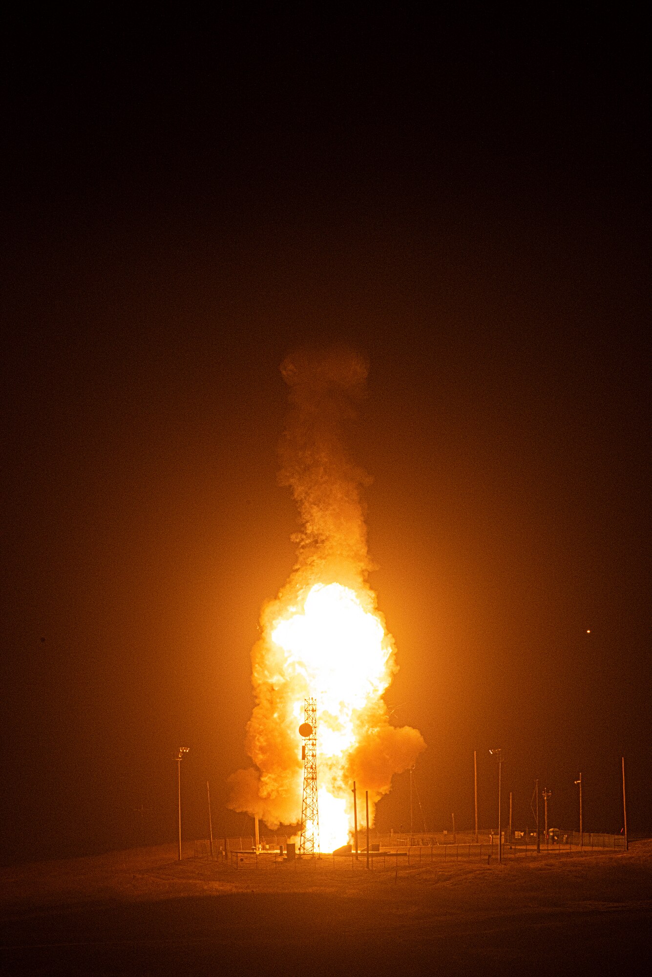 An Air Force Global Strike Command unarmed Minuteman III intercontinental ballistic missile launches during an operational test at 12:21 a.m. Pacific Daylight Time 4 August 2020, at Vandenberg Air Force Base, Calif. ICBM test launches demonstrate the U.S. nuclear enterprise is safe, secure, effective and ready to defend the United States and its allies. ICBMs provide the U.S. and its allies the necessary deterrent capability to maintain freedom to operate and navigate globally in accordance with international laws and norms. (U.S. Air Force photo by Senior Airman Hanah Abercrombie)