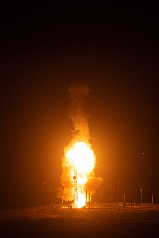 An Air Force Global Strike Command unarmed Minuteman III intercontinental ballistic missile launches during an operational test at 12:21 a.m. Pacific Daylight Time 4 August 2020, at Vandenberg Air Force Base, Calif. ICBM test launches demonstrate the U.S. nuclear enterprise is safe, secure, effective and ready to defend the United States and its allies. ICBMs provide the U.S. and its allies the necessary deterrent capability to maintain freedom to operate and navigate globally in accordance with international laws and norms. (U.S. Air Force photo by Senior Airman Hanah Abercrombie)