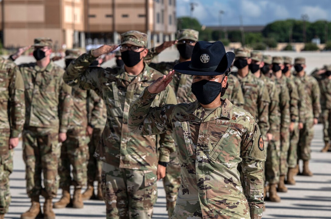 A U.S. Air Force Basic Military Training graduation and coining ceremony at the Pfingston Reception Center on Joint Base San Antonio-Lackland, Texas, July 23, 2020. Due to current world events, graduation ceremonies are closed to the public until further notice.