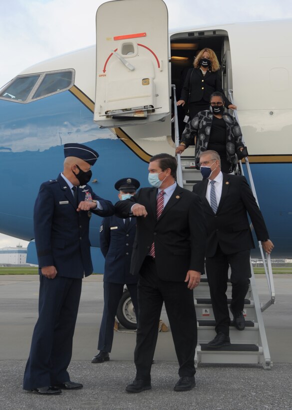 U.S. Air Force Brig. Gen. Thomas Grabowski, Georgia Air National Guard Total Force Integration special assistant to the director, greets Rep. Austin Scott of Georgia, on the flight line July 30, 2020, at Dobbins Air Reserve Base, Georgia. The leadership team greeted members of Congress who arrived for the funeral of Rep. John Lewis. (U.S. Air Force photo by Senior Airman Shelby Thurman)