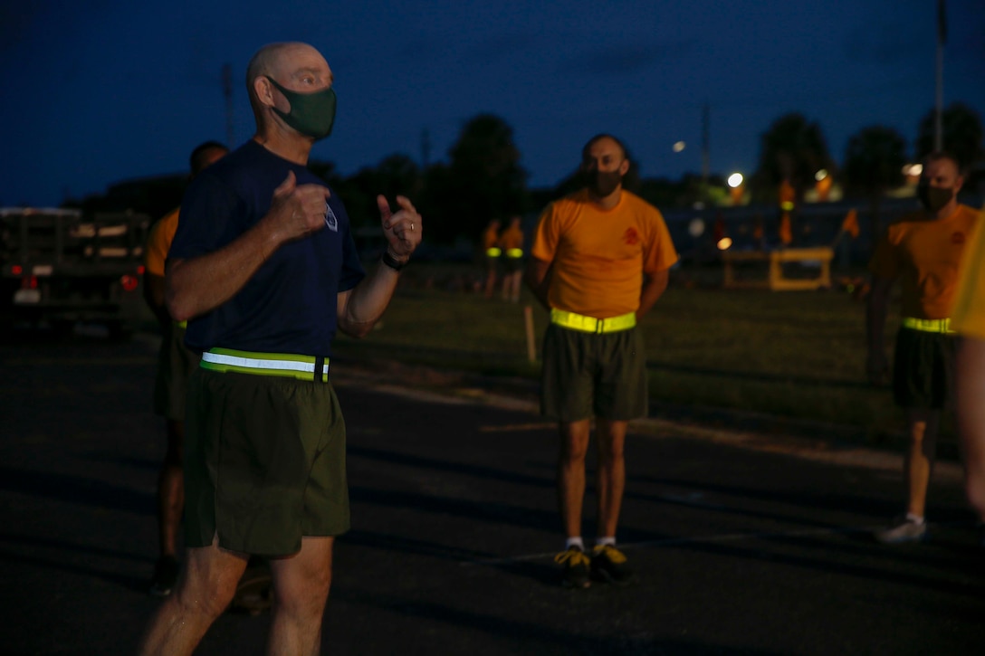 The 19th Sergeant Major of the Marine Corps, Sgt. Maj. Troy E. Black addresses Drill Instructors with 2nd Recruit Training Battalion at Marine Corps Recruit Depot (MCRD) Parris Island, South Carolina, July 22, 2020. During the visit Sgt. Maj. Black toured the training facilities to observe changes made keep recruits and Drill Instructors safe during COVID-19 restrictions. The changes include the use of face masks when less than six feet apart, and smaller platoon sizes in addition to the 14 days of restriction of movement before new recruits start training. (U.S. Marine Corps photo by Sgt. Victoria Ross)