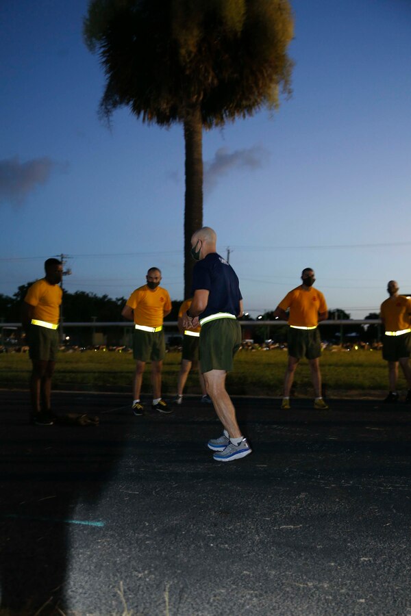 The 19th Sergeant Major of the Marine Corps, Sgt. Maj. Troy E. Black addresses Drill Instructors with 2nd Recruit Training Battalion at Marine Corps Recruit Depot (MCRD) Parris Island, South Carolina, July 22, 2020. During the visit Sgt. Maj. Black toured the training facilities to observe changes made keep recruits and Drill Instructors safe during COVID-19 restrictions. The changes include the use of face masks when less than six feet apart, and smaller platoon sizes in addition to the 14 days of restriction of movement before new recruits start training. (U.S. Marine Corps photo by Sgt. Victoria Ross)