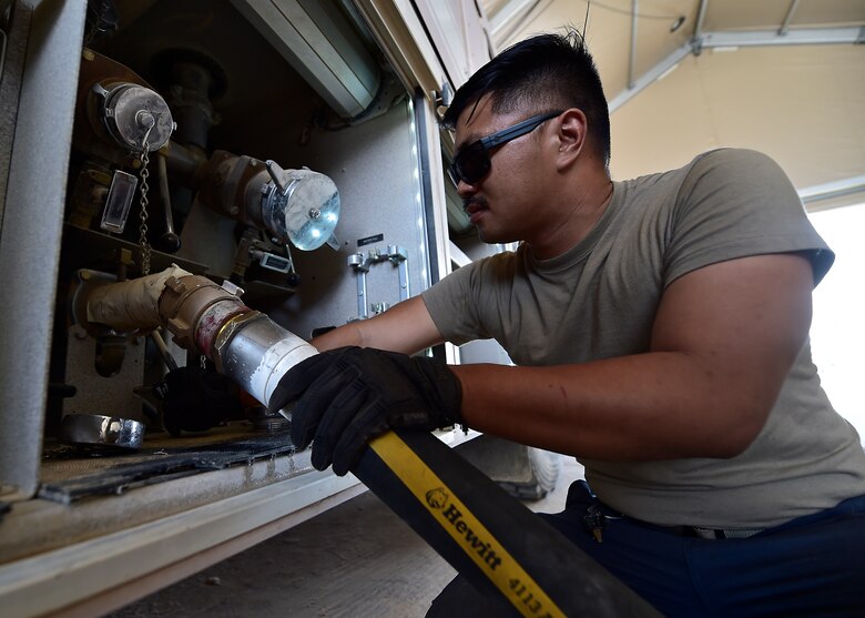 Airmen from the 378th Expeditionary Logisitcs Readiness Squadron perform a hydrostatic test on fuel hoses at Prince Sultan Air Base, Kingdom of Saudi Arabia.