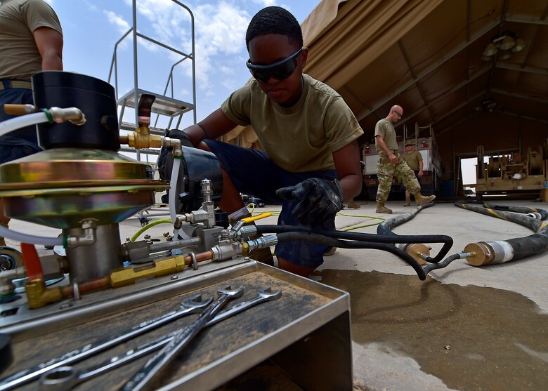 Airmen from the 378th Expeditionary Logisitcs Readiness Squadron perform a hydrostatic test on fuel hoses at Prince Sultan Air Base, Kingdom of Saudi Arabia.