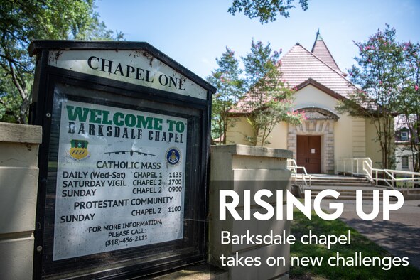 During the COVID-19 health crisis the Barksdale chapel has continued its services while implementing various procedures and standards that comply with Department of Defense and State government instructions. This graphic was created as a title page for "Rising up: Barksdale chapel takes on new challenges".(U.S. Air Force graphic by Airman 1st Class Jacob B. Wrightsman)