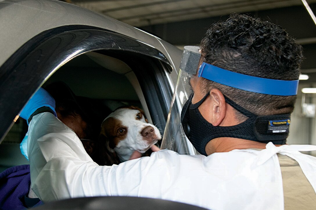 A guardsman wearing personal protective equipment administers a COVID-19 test to a resident in their car.