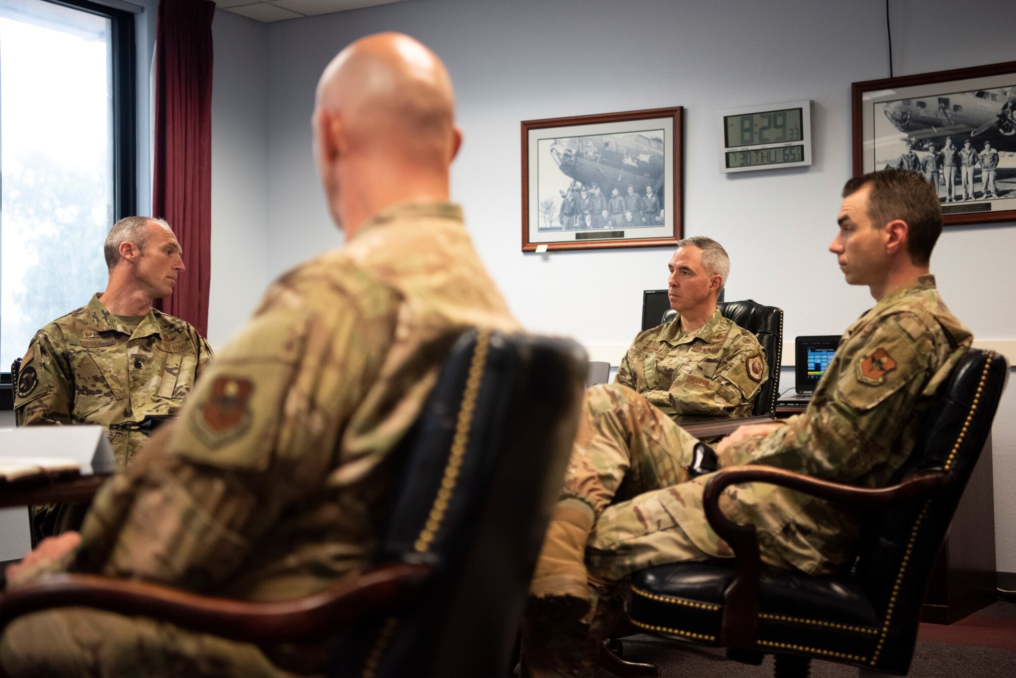 Maj. Gen. Stephen Whiting, U.S. Space Force deputy commander, discusses 533rd Training Squadron curriculum with squadron leadership July 29, 2020, at Vandenberg Air Force Base, Calif. During Whiting’s visit to Vandenberg AFB. During the visit, Whiting visited various units and learned about new developments for the 30th Space Wing, Combined Force Space Component Command, and 381st Training Group at Vandenberg AFB. (U.S. Air Force photo by Senior Airman Hanah Abercrombie)