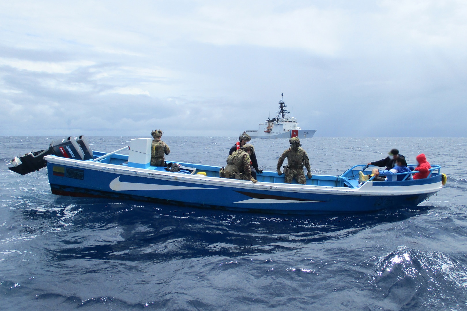 The Coast Guard Cutter Bertholf and a go-fast vessel interdicted in the Eastern Pacific Ocean off the Coast of Central America in late-July 2020.