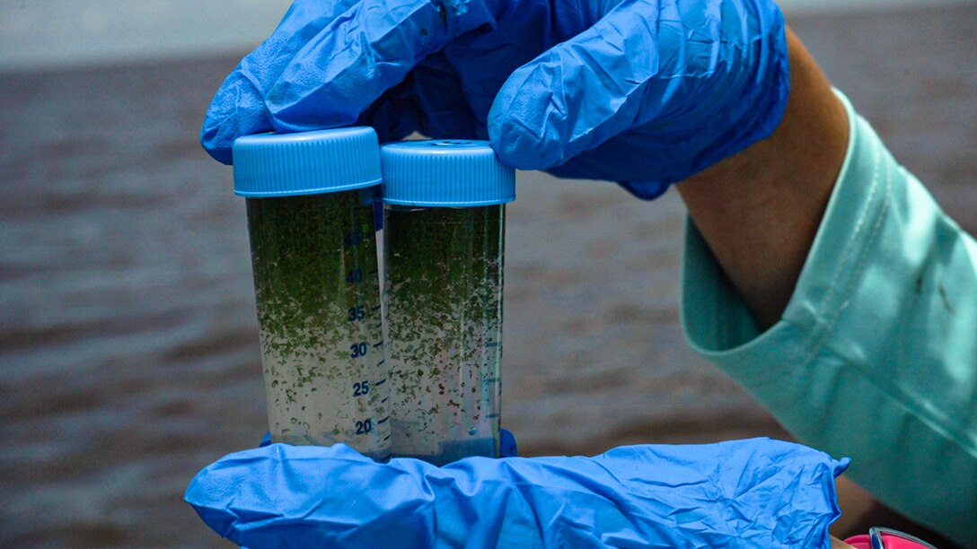 U.S. Army Engineer Research and Development Center researchers collect water samples containing harmful algal blooms from the waters at Lake Okeechobee, Fla., July 27, 2020.