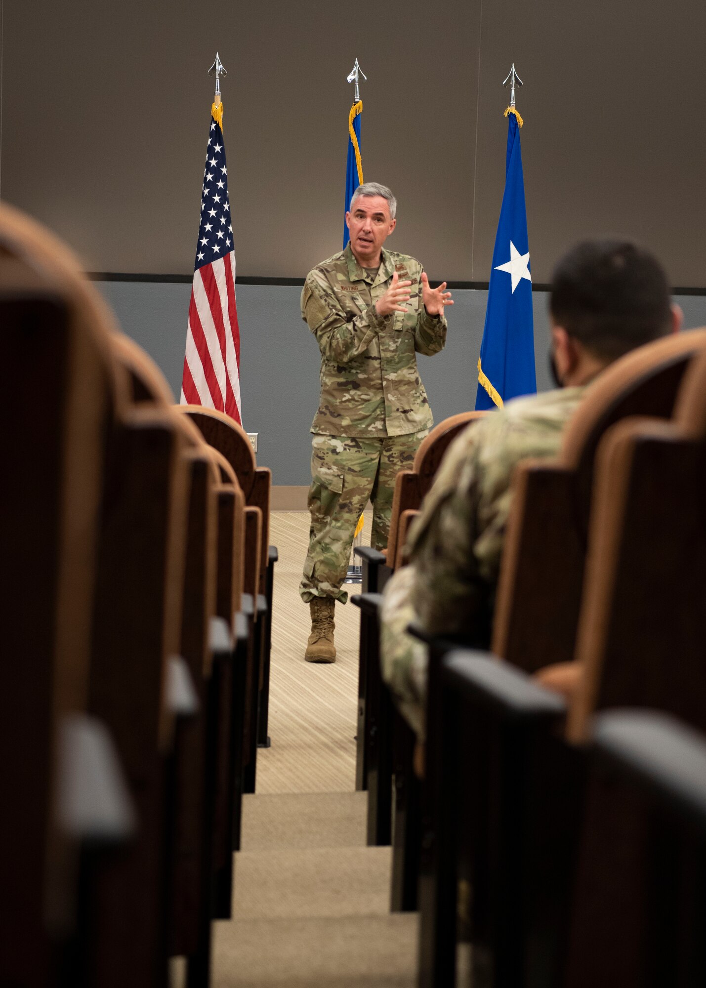 Maj. Gen. Stephan Whiting, United States Space Force deputy commander, briefs instructors at the 381st Training Group of new developments in the USSF at Vandenberg Air Force Base, Calif., July 29, 2020. During the visit, Whiting visited various units and learned about new developments for the 30th Space Wing, Combined Force Space Component Command, and 381st Training Group at Vandenberg AFB. (U.S. Air Force photo by Senior Airman Aubree Owens)