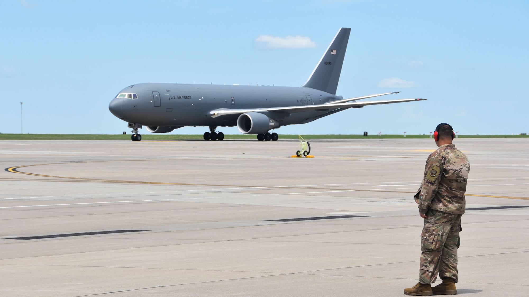 A KC-46 Pegasus assigned to the Team McConnell lands after returning from Seymour Johnson Air Force Base, N.C., Aug. 1, 2020, at McConnell AFB, Kan.