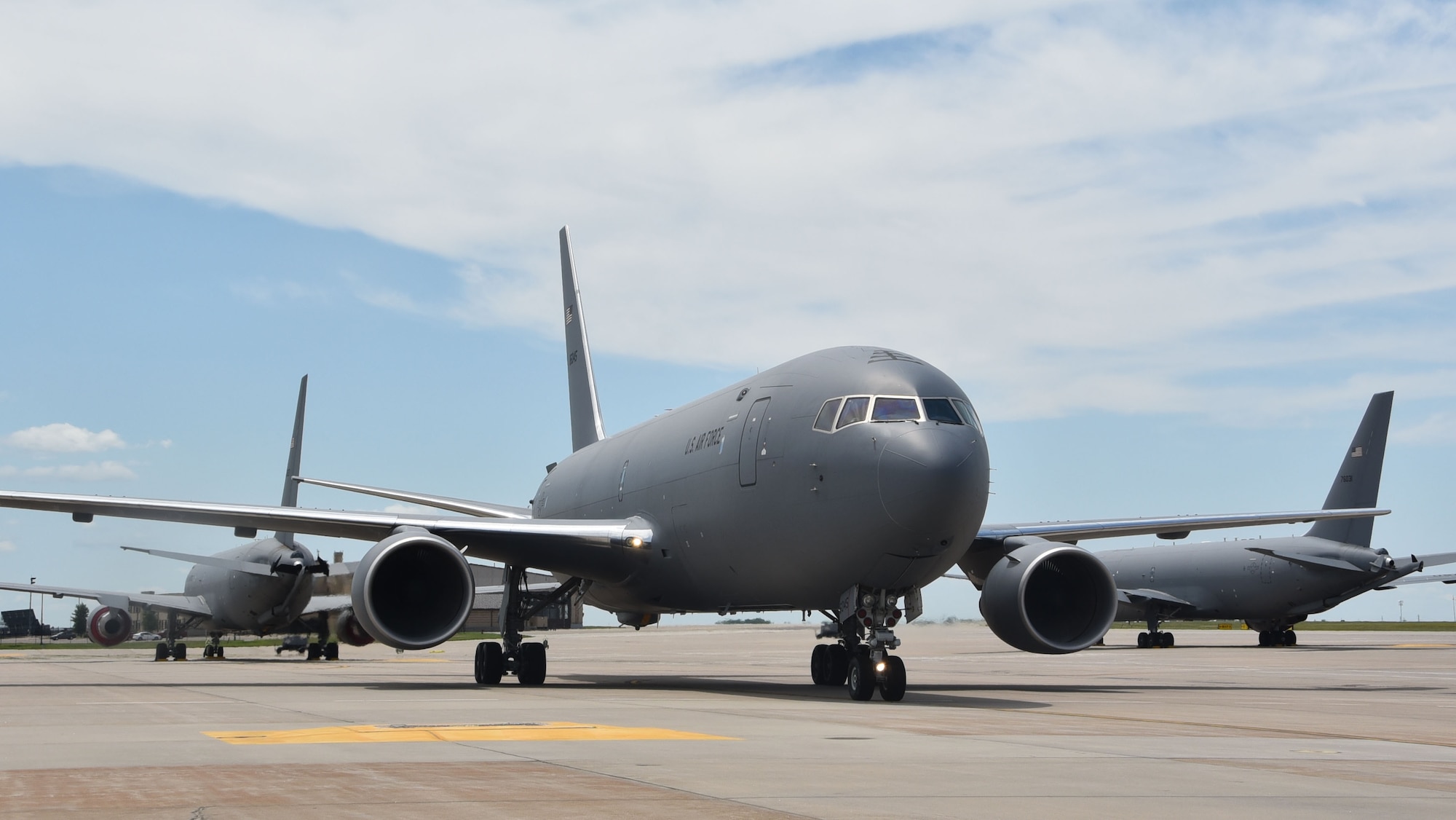 A KC-46 Pegasus assigned to the Team McConnell lands after returning from Seymour Johnson Air Force Base, N.C., Aug. 1, 2020, at McConnell AFB, Kan.