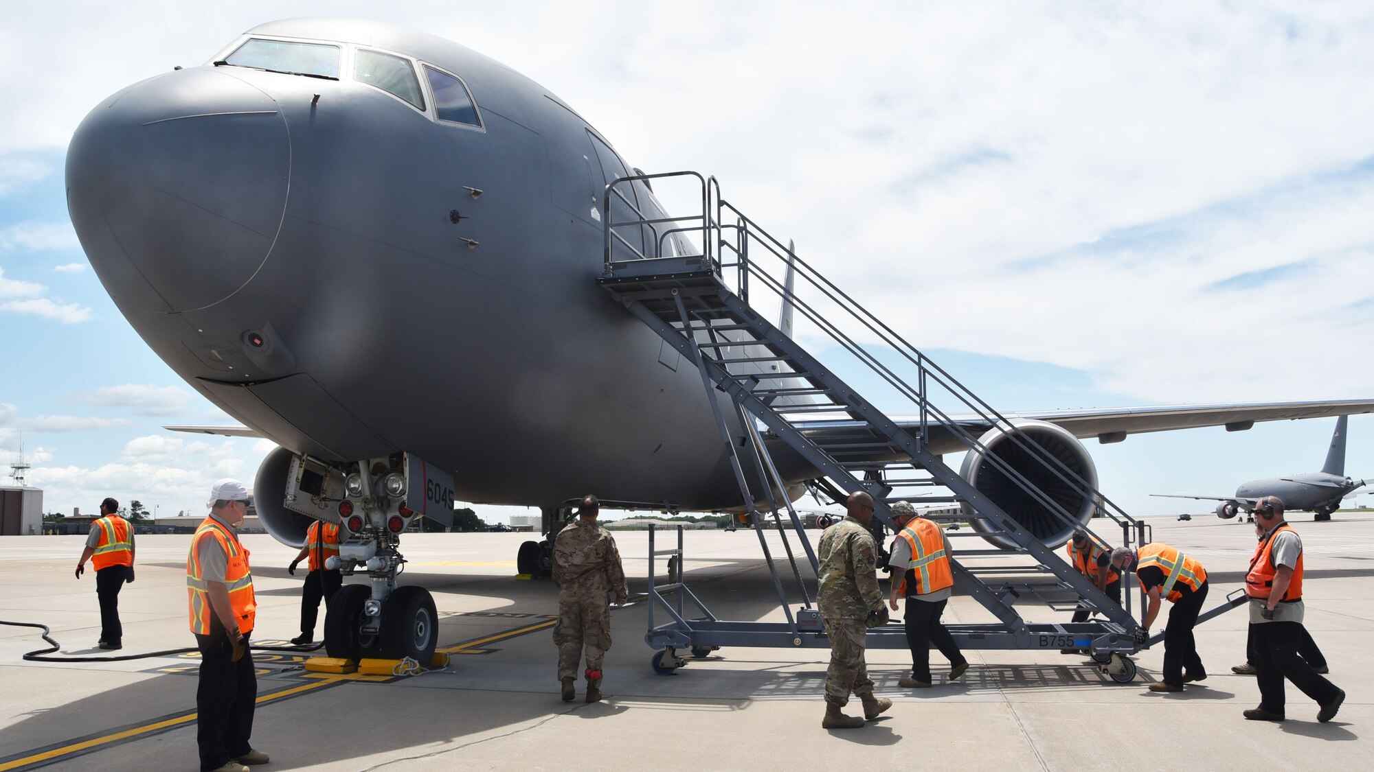 A KC-46 Pegasus assigned to the Team McConnell lands after returning from Seymour Johnson Air Force Base, N.C., Aug. 1, 2020, at McConnell AFB, Kan. The aircraft was sent to Seymour Johnson to help train the Airmen of the 916th Air Refueling Wing, but returned to keep it safe during Hurricane Isaias. Relocating military aircraft is a measure performed prior to possible adverse weather conditions.