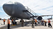 A KC-46 Pegasus assigned to the Team McConnell lands after returning from Seymour Johnson Air Force Base, N.C., Aug. 1, 2020, at McConnell AFB, Kan. The aircraft was sent to Seymour Johnson to help train the Airmen of the 916th Air Refueling Wing, but returned to keep it safe during Hurricane Isaias. Relocating military aircraft is a measure performed prior to possible adverse weather conditions.