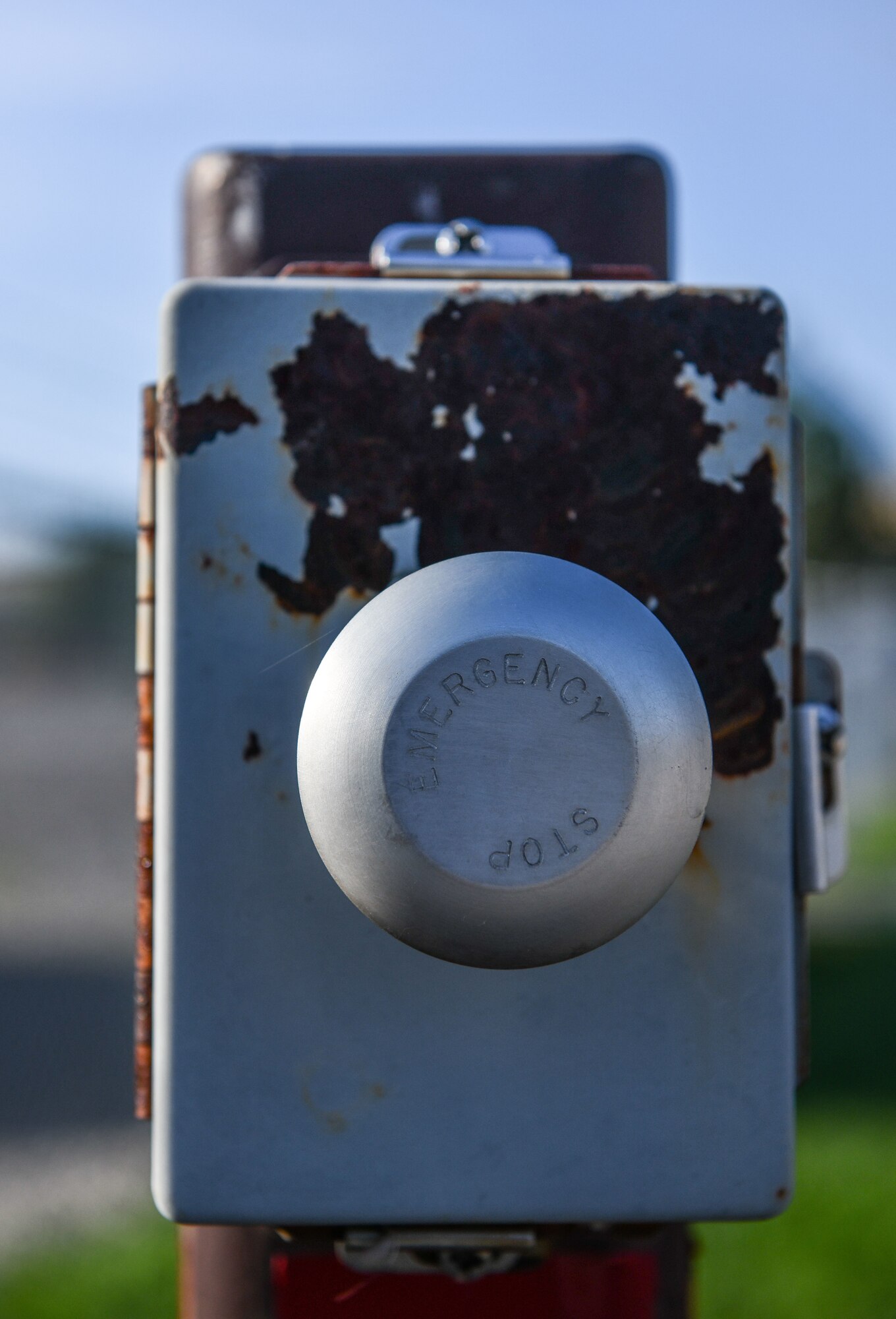 A fuel emergency shut-off switch near a government vehicle fuel station at Whiteman Air Force Base, Missouri, July 22, 2020. (U.S. Air Force photo by Tech. Sgt. Alexander W. Riedel)