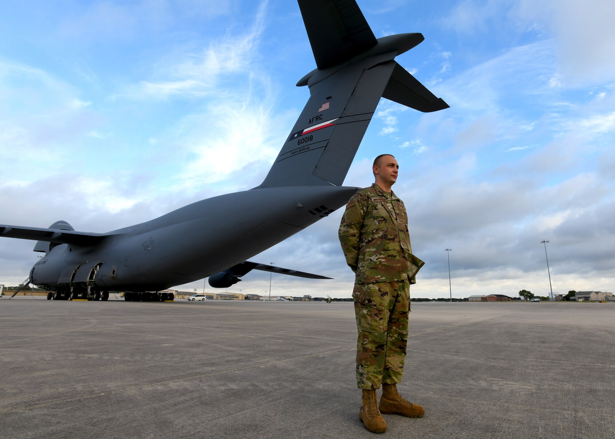 Tech. Sgt. Muris Secerbegovic, 433rd Maintenance Group quality assurance inspector, stands near a C-5M Super Galaxy July 22, 2020, at Joint Base San Antonio-Lackland, Texas.
