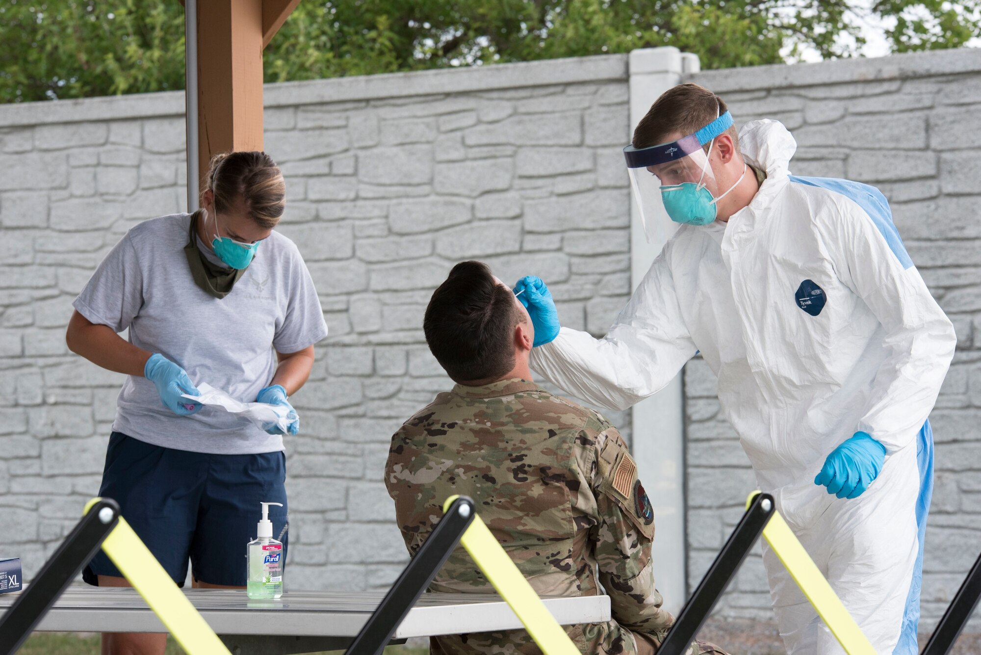 167th Medical Group personnel conduct a COVID-19 swab test for an Airman over the August unit training assembly. All base personnel are to be tested for the coronavirus by the end of September.