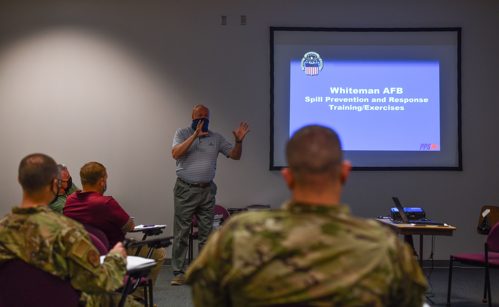 Tracy Taylor, Defense Logistics Agency Energy instructor, gives an introduction to a two-day spill prevention and response training course at Whiteman Air Force Base, Missouri, July 21, 2020. The course reviewed important environmental protection mandates and spill mitigation and emergency response techniques for service members and contractors who frequently handle or transport petroleum fuels or other hazardous materials on the installation. DLA instructors visit various installations to oversee training and exercises to ensure compliance with federal safety and environmental protection regulations. (U.S. Air Force photo by Tech. Sgt. Alexander W. Riedel)
