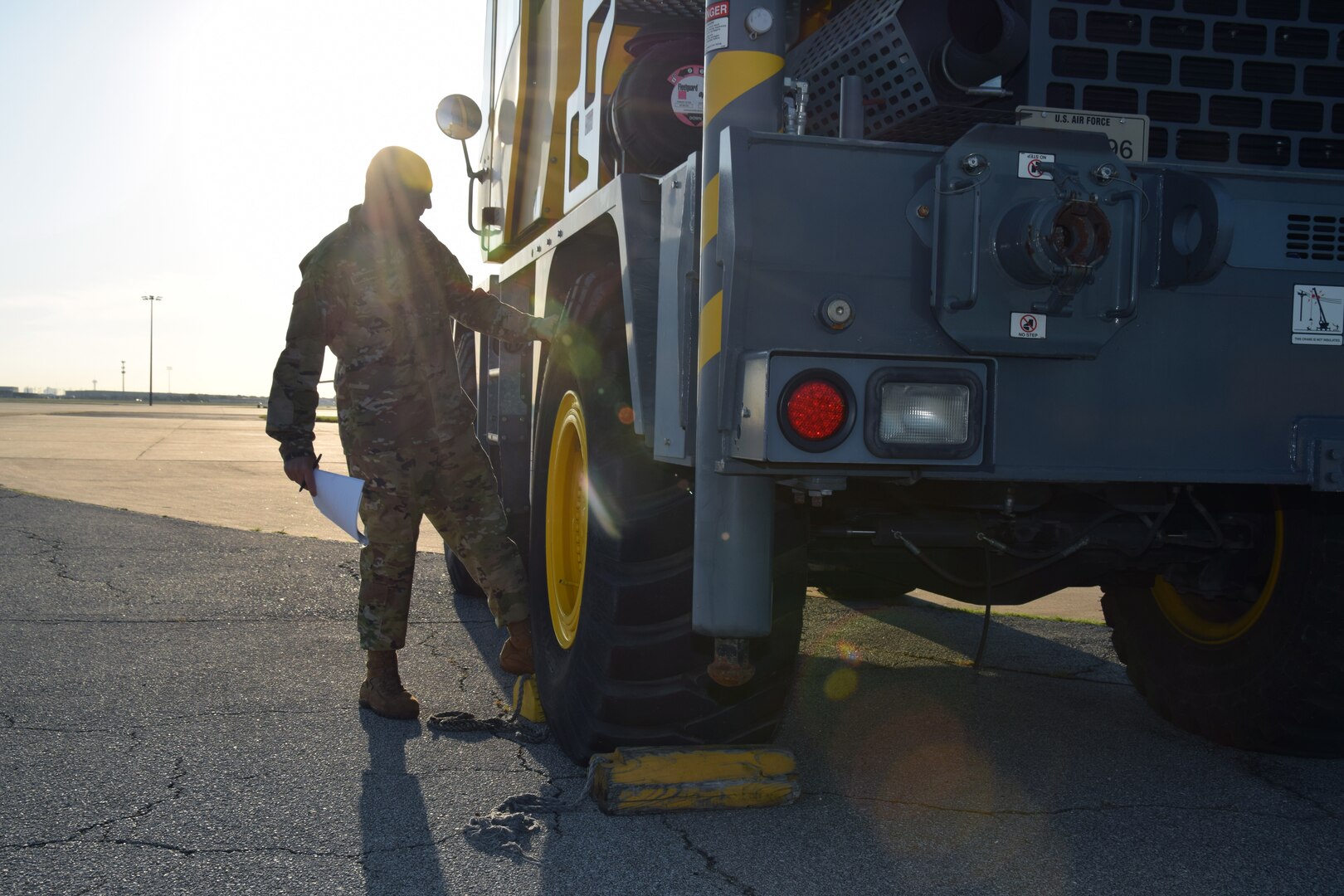 Tech. Sgt. Muris Secerbegovic, 433rd Maintenance Group quality assurance inspector, inspects a crane Aug. 3, 2020, at Joint Base San Antonio-Lackland, Texas.