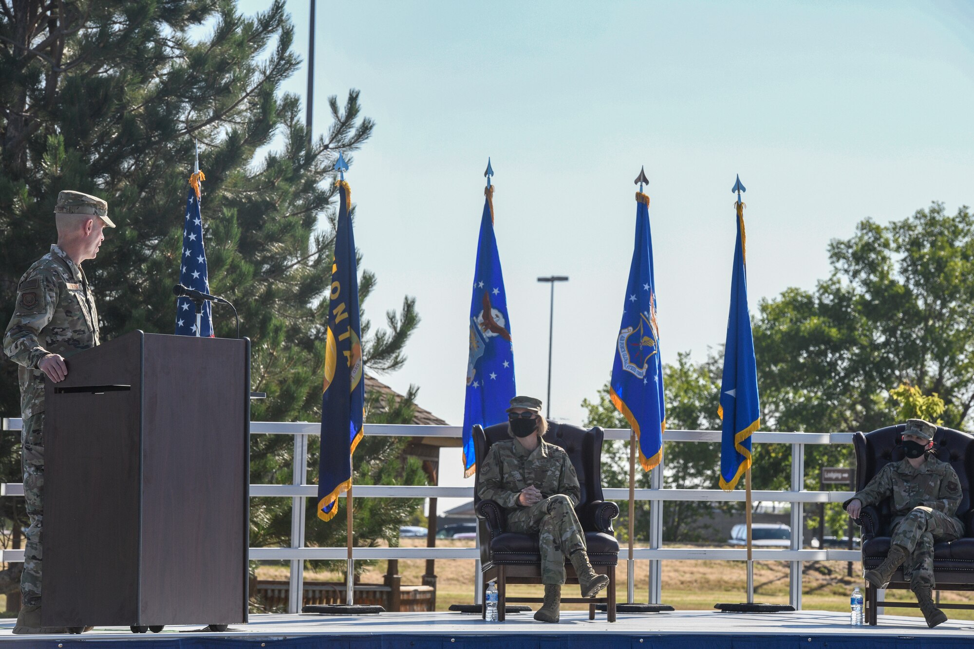 Maj. Gen. Michael Lutton, 20th Air Force commander, makes opening remarks during the 341st Missile Wing change of command ceremony Aug. 5, 2020, at Malmstrom Air Force Base, Mont.