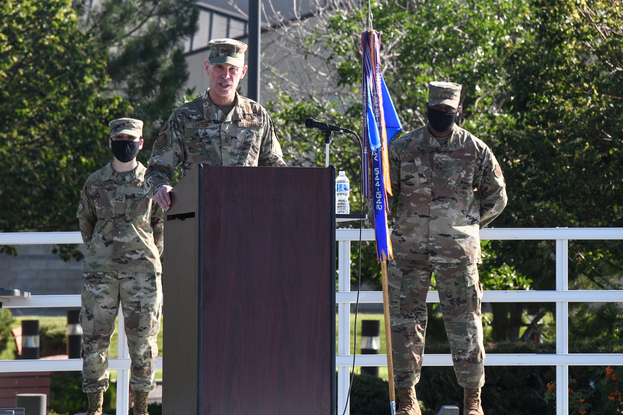 Maj. Gen. Michael Lutton, 20th Air Force commander, makes opening remarks during the 341st Missile Wing change of command ceremony Aug. 5, 2020, at Malmstrom Air Force Base, Mont.