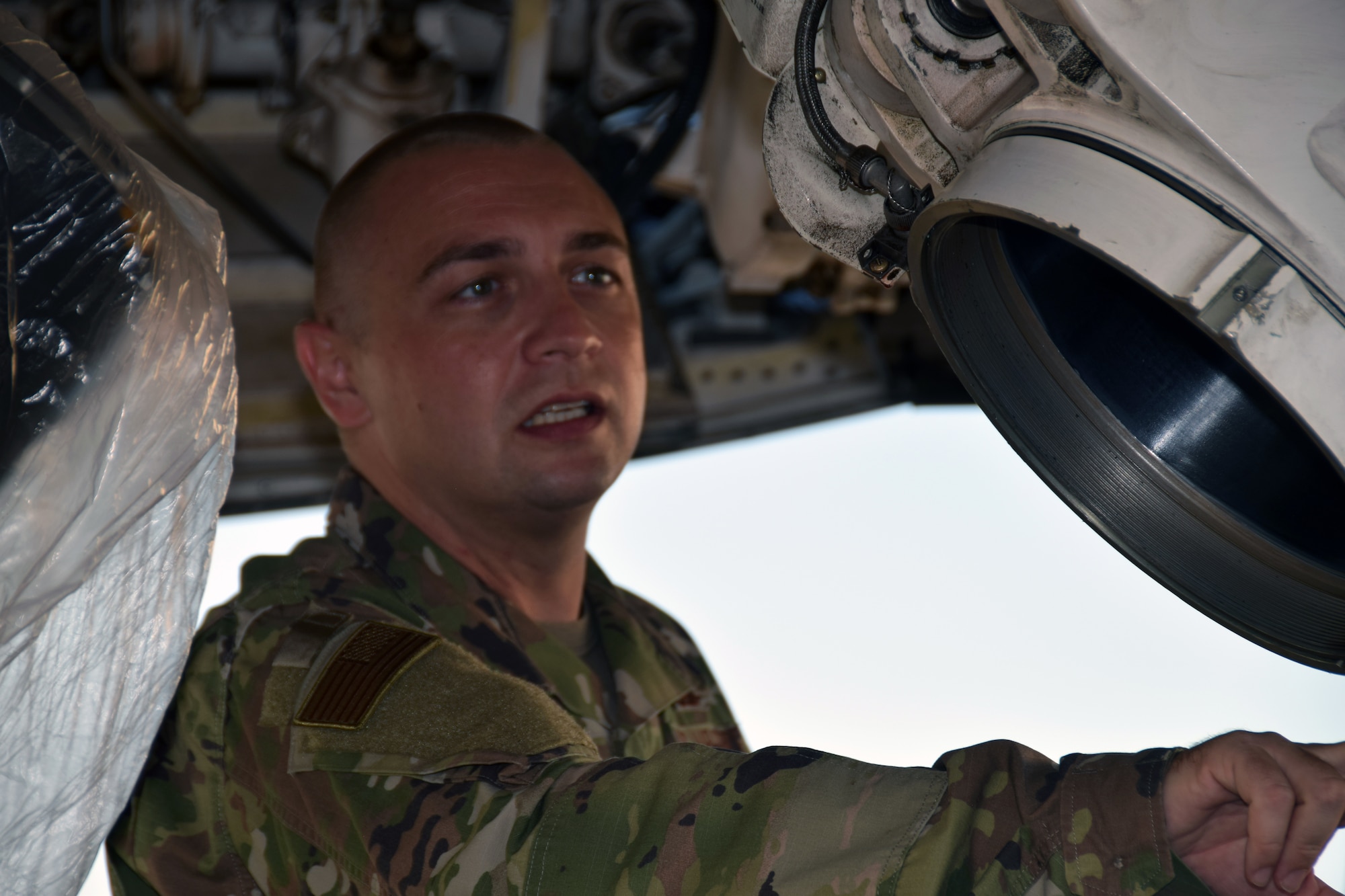Tech. Sgt. Muris Secerbegovic, 433rd Maintenance Group quality assurance inspector, inspects a C-5M Super Galaxy nose landing gear assembly Aug. 3, 2020, at Joint Base San Antonio-Lackland, Texas.