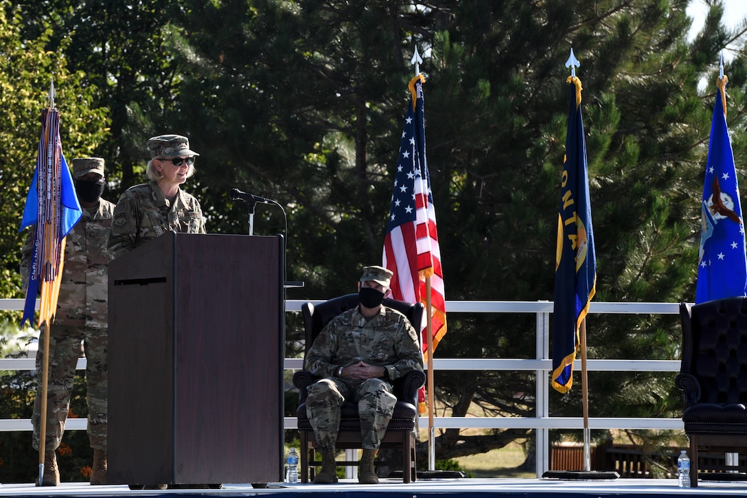 Col. Jennifer Reeves, 341st Missile Wing outgoing commander, makes final remarks Aug. 5, 2020, at Malmstrom Air Force Base, Mont.