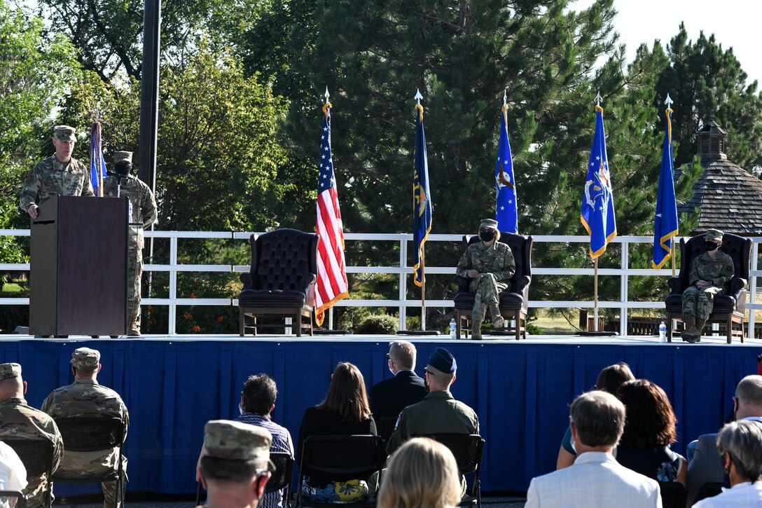 Maj. Gen. Michael Lutton, 20th Air Force commander, makes opening remarks during the 341st Missile Wing change of command ceremony Aug. 5, 2020, at Malmstrom Air Force Base, Mont.