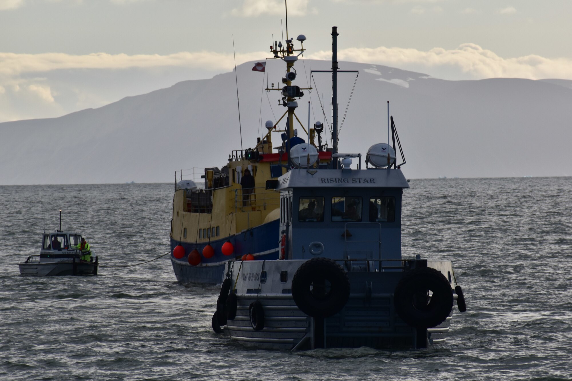 The Air Force’s only tugboat, “Rising Star,” saves six lives as Thule Air Base, Greenland, coordinates a rescue at sea Monday, Aug. 3. In a mission that ultimately took nine hours due to rough seas, Casper Jensen, Vectrus Services’ civilian operations manager, and his crew aboard the rising star saved the lives of six Greenland nationals aboard a commercial ship that had begun taking on water. (U.S. Air Force photo by Lt. Col. Christopher Iavarone)