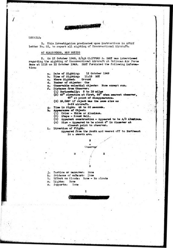 Shown is a report made on Oct. 12, 1949, at Holloman Air Force Base, N.M., of an unidentified flying object, IAW OSI Letter No. 85. (OSI District Files; 17th District: Kirkland AFB, N.M.; OSI File Designation 24-185-17)