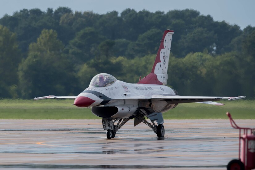 U.S. Air Force Thunderbird 2 taxis on the runway at Joint Base Langley-Eustis, Virginia, Aug. 5, 2020.