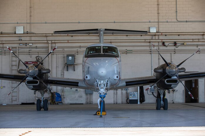 A U.S. Marine UC-12W sits in a hangar at MCAS Camp Pendleton, Calif., July 31.