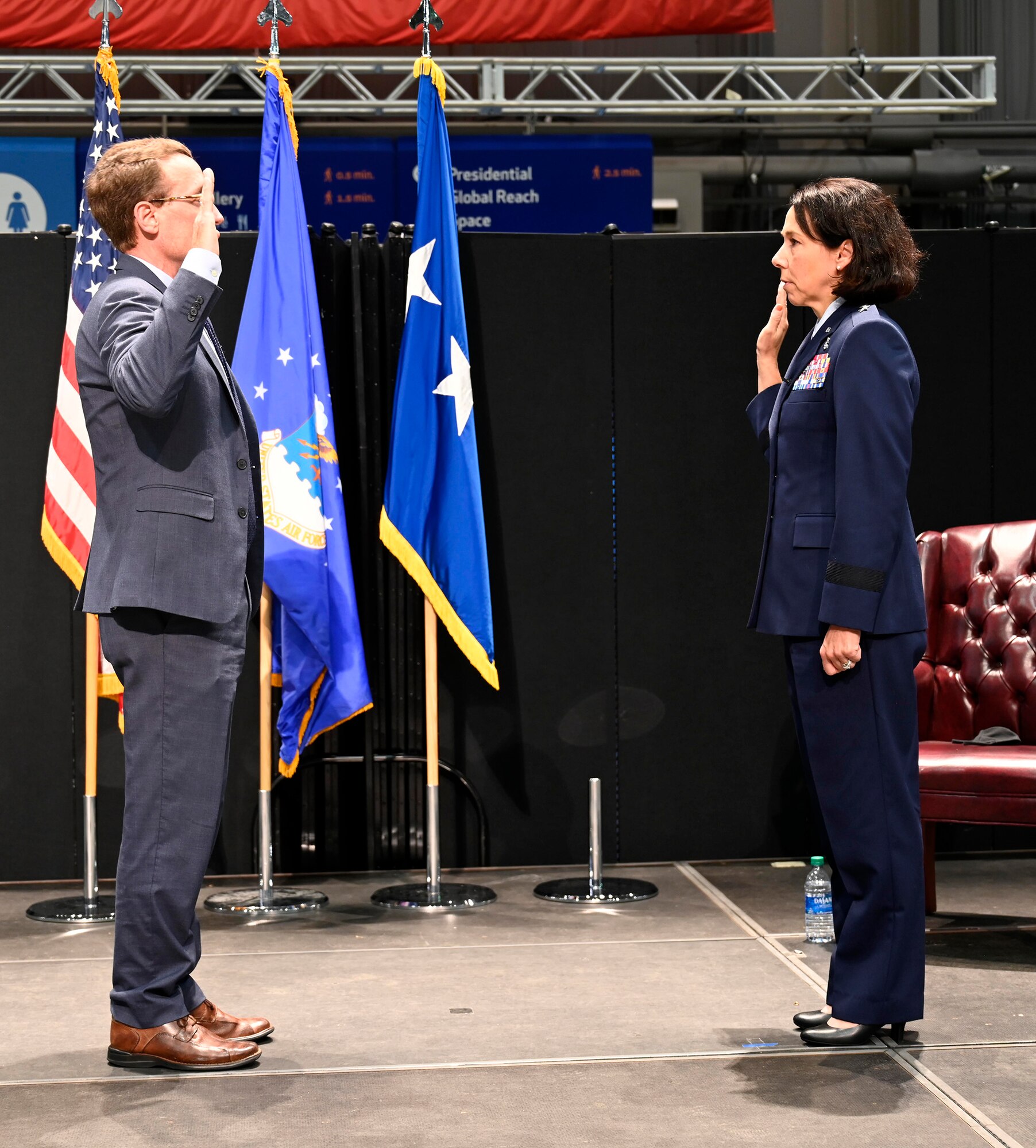 Brig. Gen. Jeannine Ryder swears an oath for the first time as a newly-promoted general officer, Aug. 3 at the National Museum of the United States Air Force, Wright-Patterson Air Force Base, Ohio. (photo by Darrius Parker)