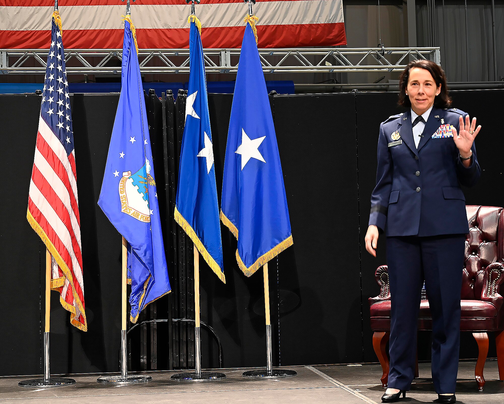 Brig. Gen. Jeannine Ryder expresses her gratitude towards her friends, family and coworkers, Aug. 3, following her promotion to general officer at the National Museum of the United States Air Force, Wright-Patterson Air Force Base, Ohio. (photo by Darrius Parker)