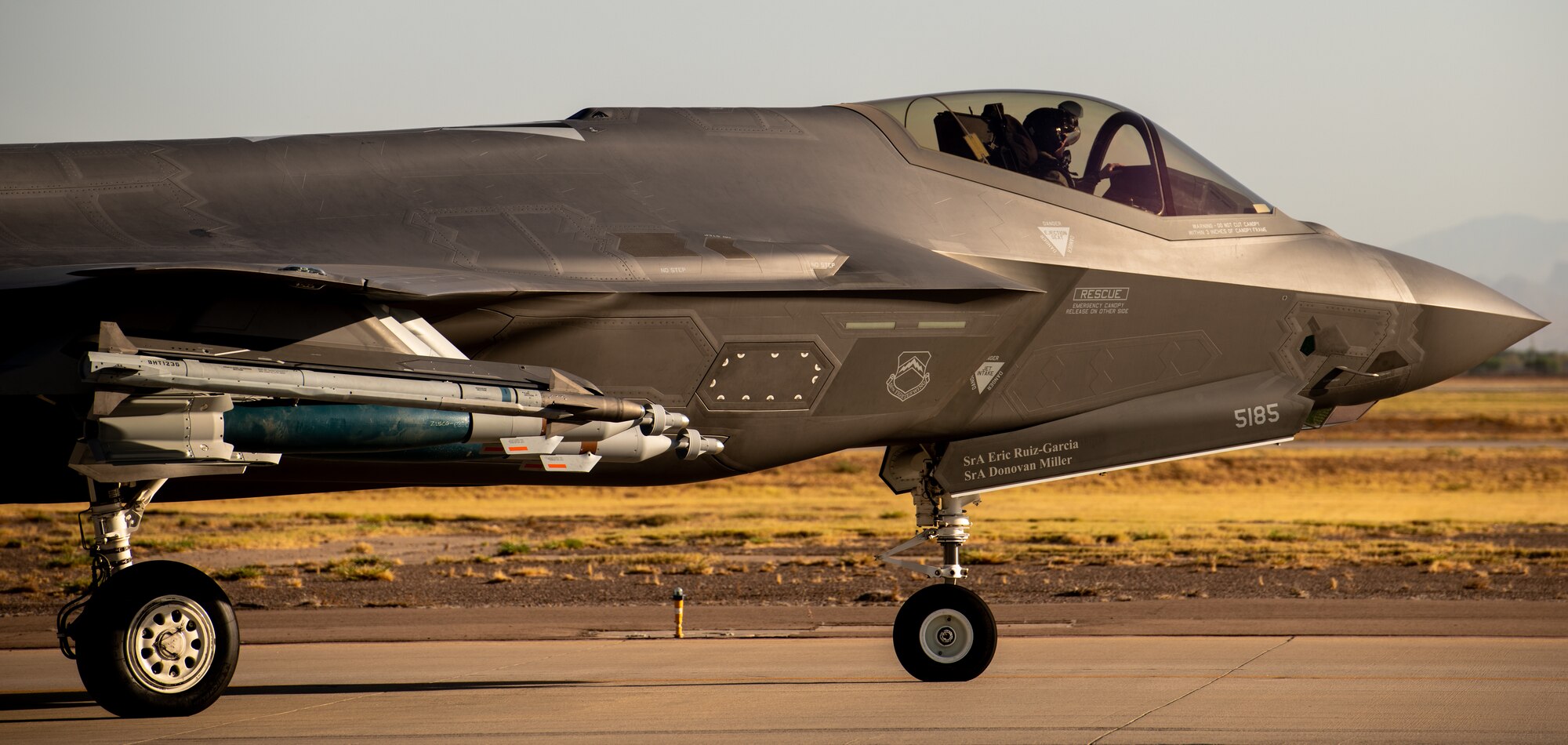 An F-35A Lightning II taxis down the flightline in a Beast Mode weapons configuration July 22, 2020, at Luke Air Force Base, Ariz.