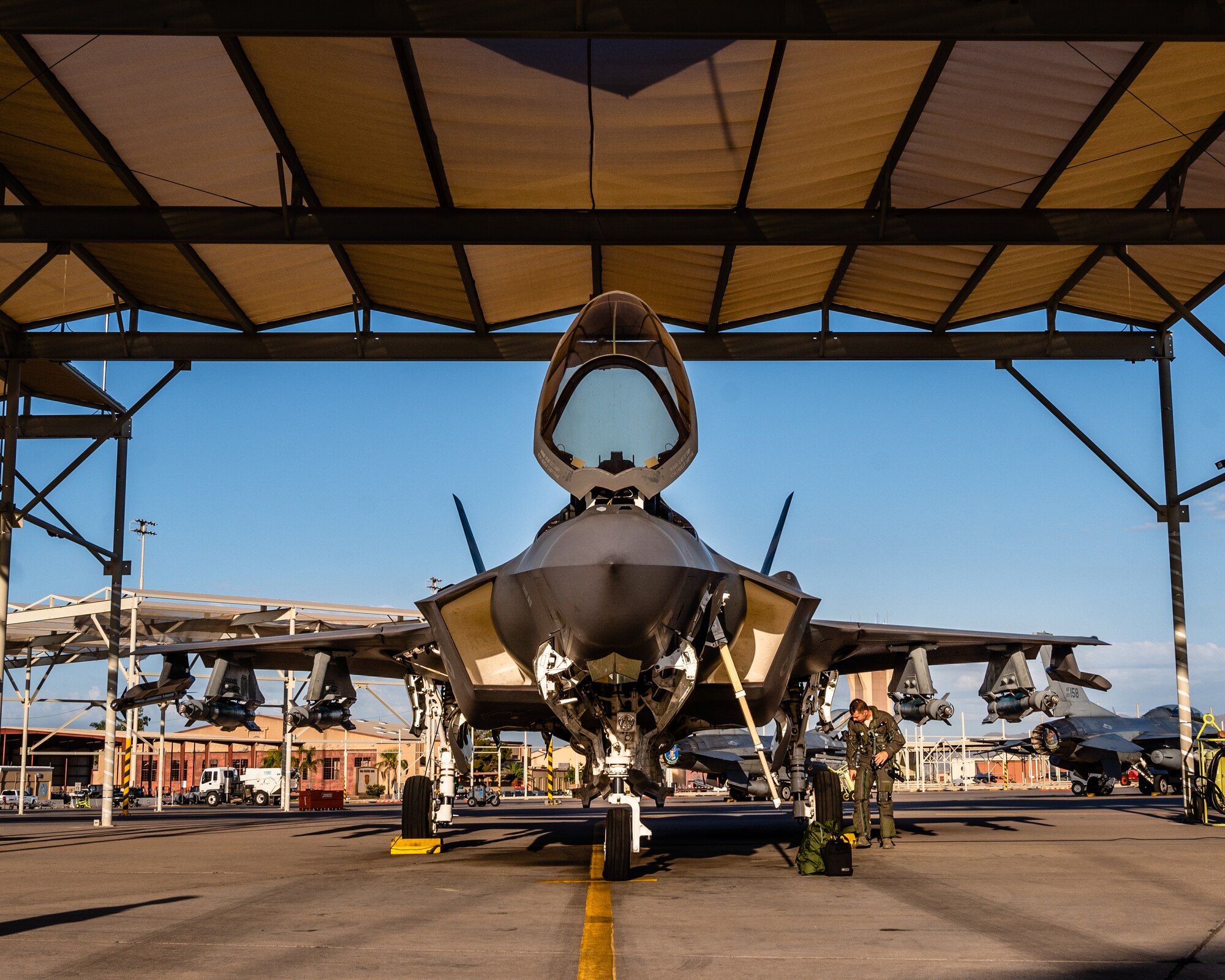 First Lt. Joshua Shook, 63rd Fighter Squadron F-35A Lightning II pilot, performs a pre-flight inspection July 22, 2020, at Luke Air Force Base, Ariz.