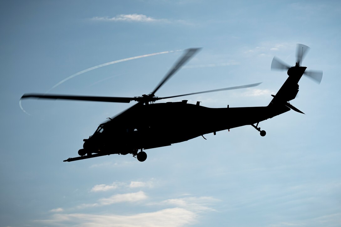 A photo of a helicopter taking off