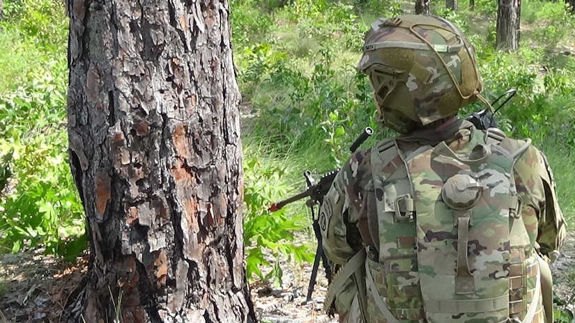 A soldier wearing a camouflage uniform has his back to the camera as he holds a rifle in a wooded area.