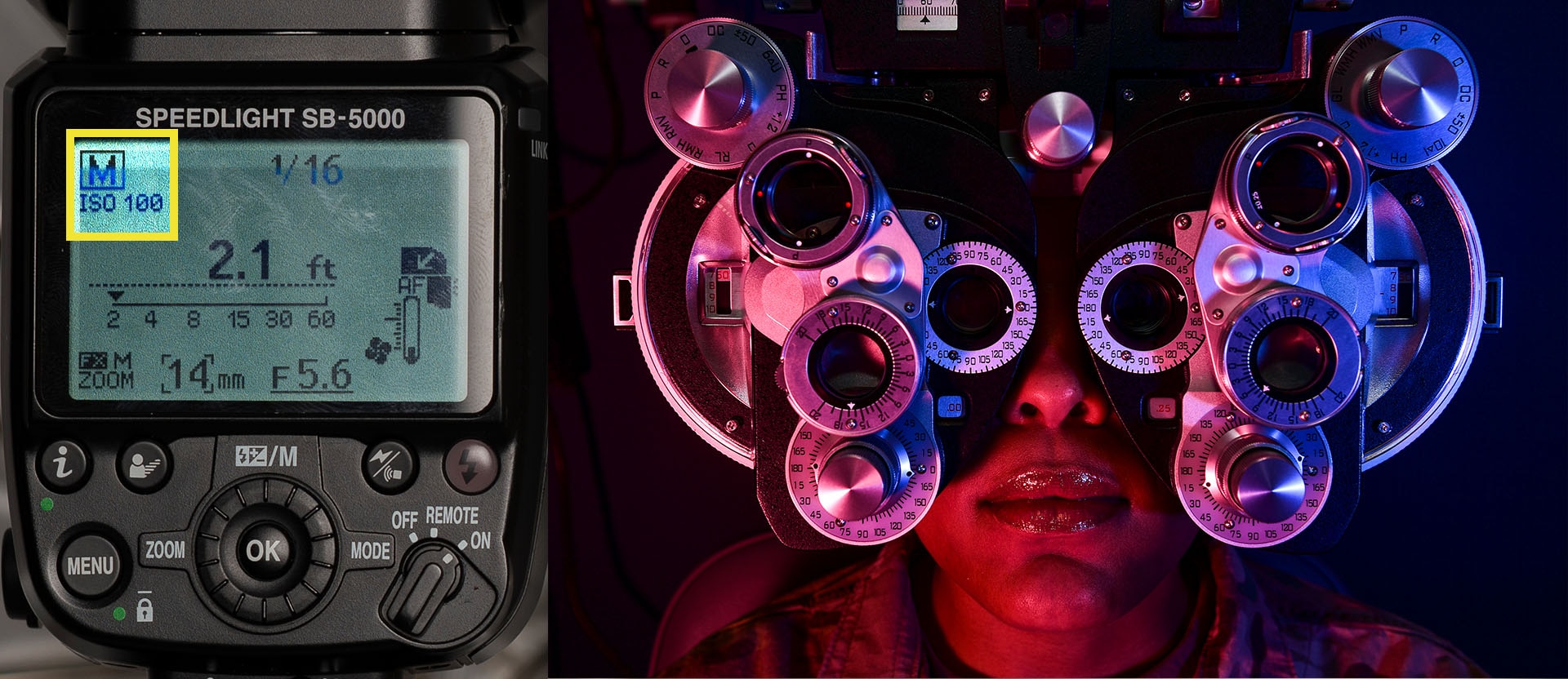 side-by-side image showing manual flash selection and a person having an eye exam.