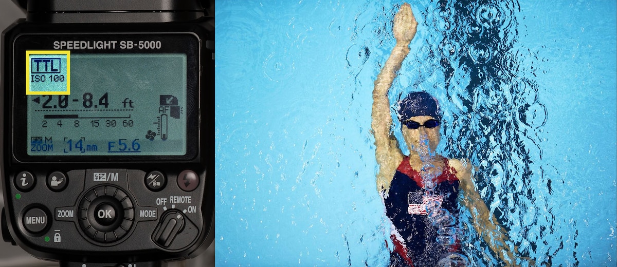 Swimmer performing the backstroke in a pool.