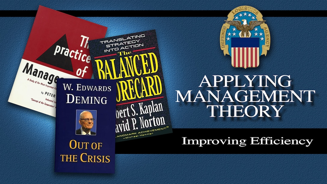 Covers of three books alongside the text: Applying Management Theory, Improving Efficiency against a blue background with the DLA logo