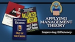 Covers of three books alongside the text: Applying Management Theory, Improving Efficiency against a blue background with the DLA logo