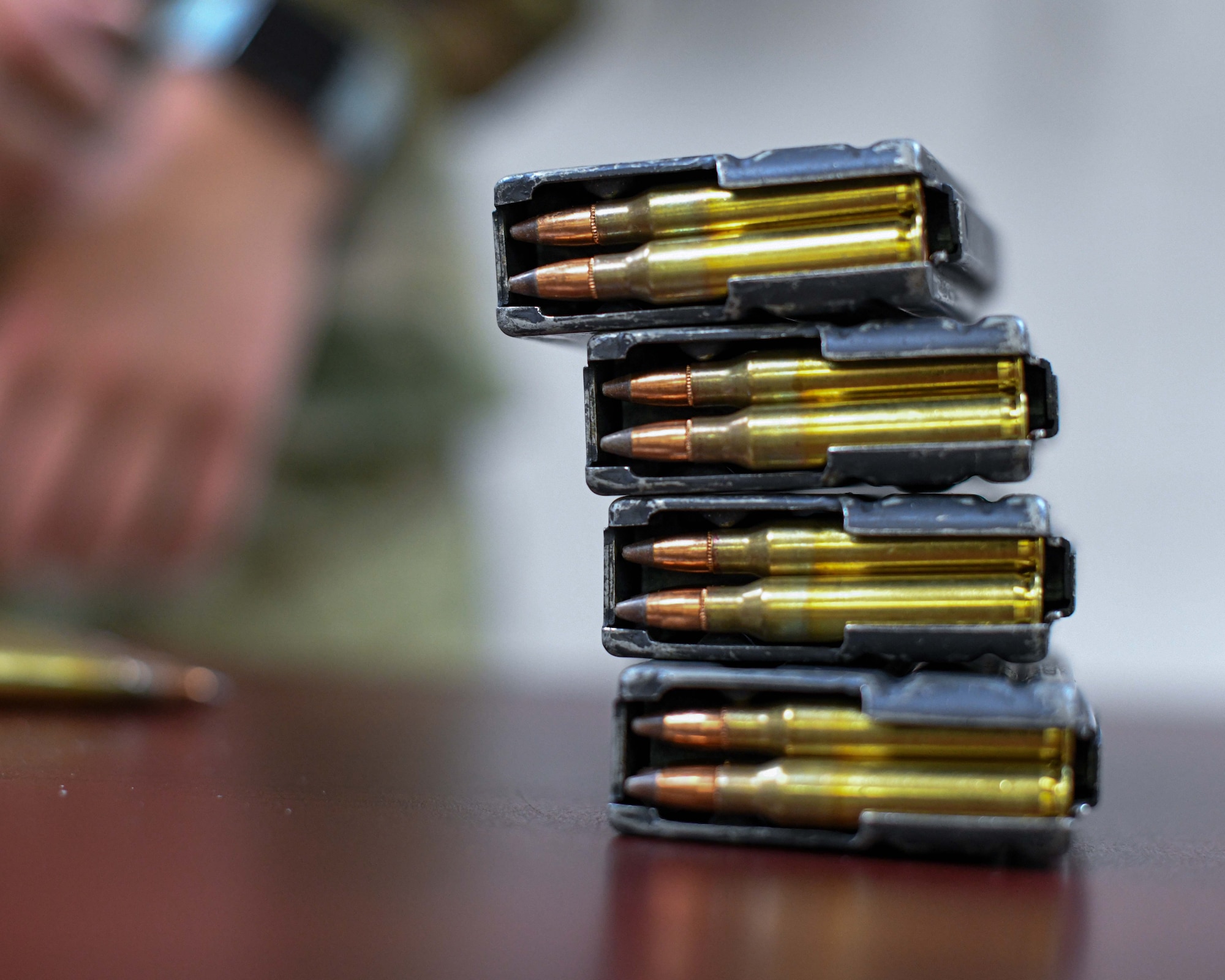 Four M4 carbine magazines are loaded with 5.56x45mm NATO cartridges, August 1, 2020, Youngstown Air Reserve Station’s Combat Arms Training and Maintenance firing range. Reserve Citizen Airmen from the 910th Medical Squadron each fired 100 rounds in order to stay qualified in combat arms.
